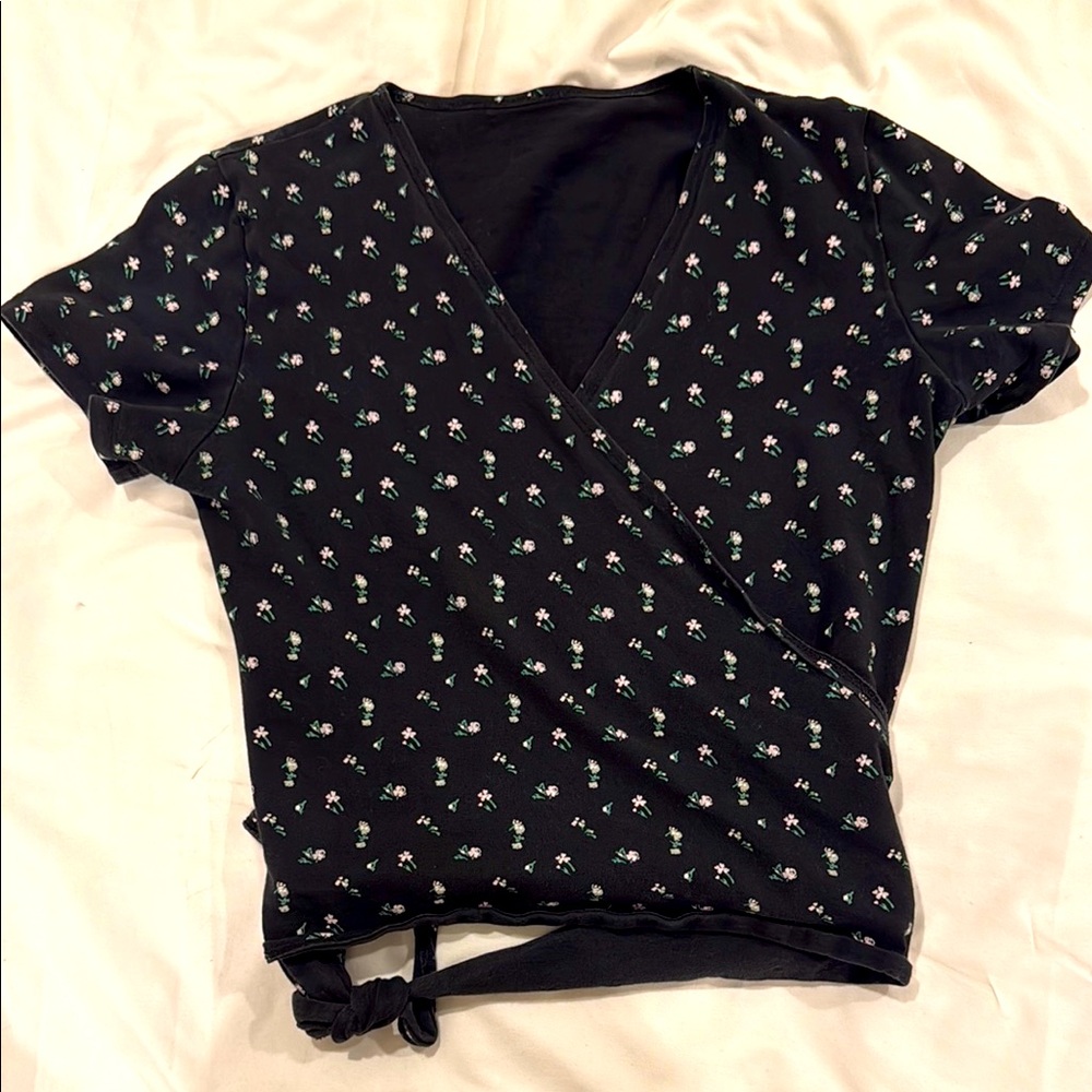 Floral Black Wrap Top